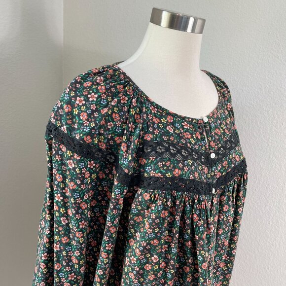 Old Navy Womens Large Floral Boho Blouse Black Multicolor Lace Trim Long Sleeves - Picture 2 of 10